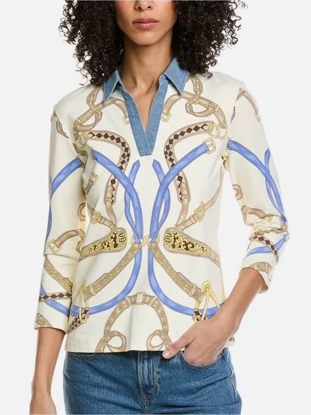 J. McLaughlin Cream Tunic with Blue and Gold Equestrian Print